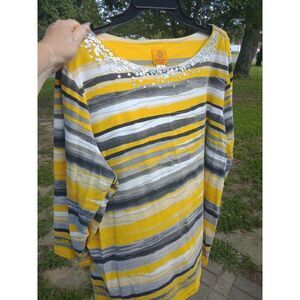 Ruby Rd Women's Top 2X Yellow & Gray Striped Silver Sequins 3/4 Sleeve